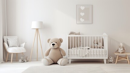 Baby kids banner. Modern minimalist baby room pastel with toy bear - obrazy, fototapety, plakaty