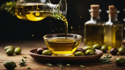 Close-up high-resolution image of fresh and natural olive oil in glass bottle and bowl.
