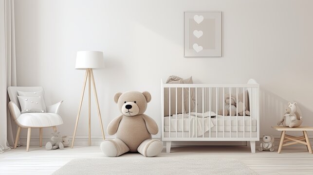 Fototapeta Baby kids banner. Modern minimalist baby room pastel with toy bear