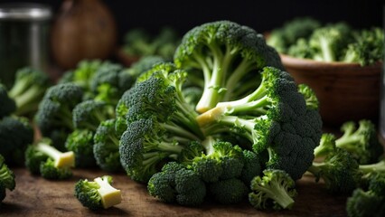 Close-up high-resolution image of fresh and natural broccoli on the kitchen table, perfect for diet. - obrazy, fototapety, plakaty