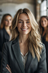 Portrait of a professional business woman, embodying corporate elegance and leadership, with a cohesive business team concept backdrop.