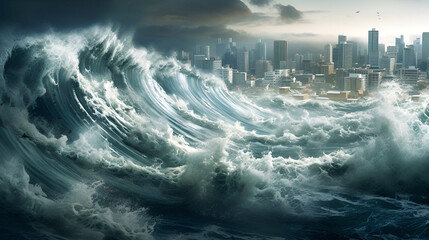 A large tsunami wave covers the city - obrazy, fototapety, plakaty
