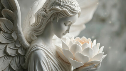 A beautiful and serene angel with a lotus flower in hand symbolizing the purity and enlightenment...