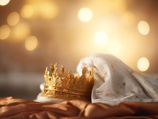 Golden Crowns and Royal Robes of the Wise Men, Epiphany, The adoration of baby Jesus, with copy space, blurred background