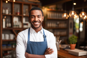 Fototapeta premium young restaurant owner standing confidently