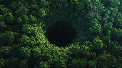 The sunlit verdure of a forest canopy is dramatically interrupted by the gaping darkness of a massive sinkhole, viewed from above.