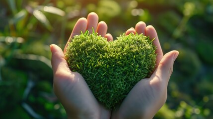 Caring hands hold a heart-shaped piece of moss, symbolizing love for nature, with the warm sunlight filtering through.