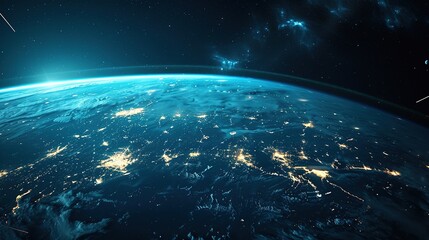 Fototapeta premium The night-time brilliance of Earth's city lights as seen from space, illuminating the planet against the cosmic tapestry of stars and galaxies.