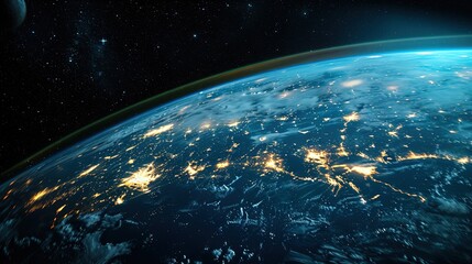 A stunning orbital view of Earth showcasing the glittering city lights scattered across the darkened continents, enveloped by the thin blue line of the atmosphere.