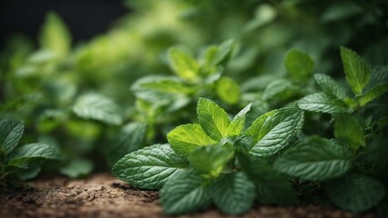 Close-up high-resolution image of fresh and natural mint leaves in the greenhouse. - obrazy, fototapety, plakaty