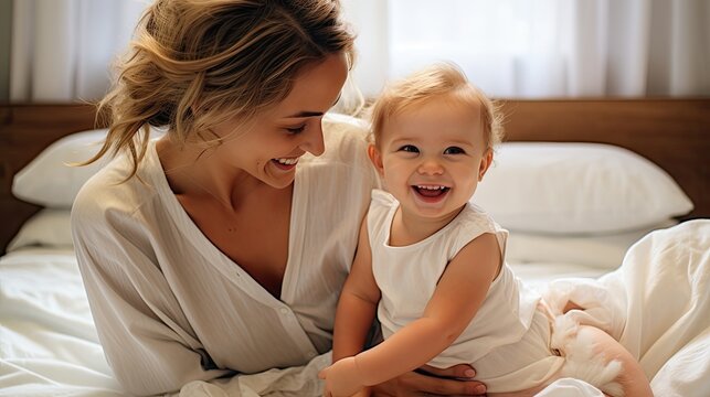 Baby banner. Mother playing with cute baby on bed smiling and happy. 