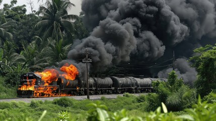 Burning train, toxic oil drains, nature's harmony shattered.