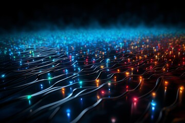 Immerse yourself in the mesmerizing beauty of this visually stunning abstract tech background. Illuminated fiber optic connections weave together in a sophisticated network system, inspired by quantum