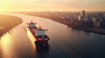 Aerial view of cargo ship in sea. - obrazy, fototapety, plakaty