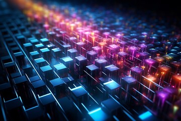 Immerse yourself in the mesmerizing beauty of this visually stunning abstract tech background. Illuminated fiber optic connections weave together in a sophisticated network system, inspired by quantum