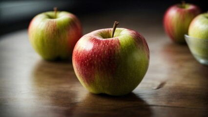 Close-up high-resolution image of fresh and delicious apples on the kitchen table.