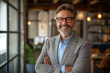 Fototapeta premium Seasoned CEO in sharp suit, professional business man portrait, leadership essence, with team concept, authority in the corporate realm.