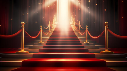 Red carpet on the stairs on dark background, the way to glory, victory and success