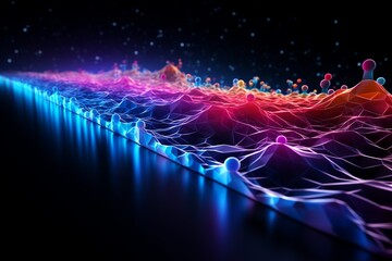 Immerse yourself in the mesmerizing beauty of this visually stunning abstract tech background. Illuminated fiber optic connections weave together in a sophisticated network system, inspired by quantum - obrazy, fototapety, plakaty