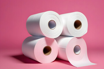 Rolls of White Toilet Paper Isolated on a Pink Background for Bathroom Hygiene.