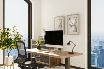 view from angle on modern clean pc workplace; black monitor with copy space; minimalist office background with panoramic view on big city skyline; digital home office concept; 3D rendering