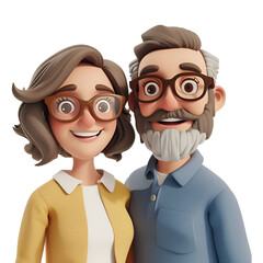 Fototapeta premium A Close Up Portrait of a Happy Middle-Aged Couple: Old Man and Woman in a Simple Cartoon 3D Render Illustration, Isolated on Transparent Background, PNG