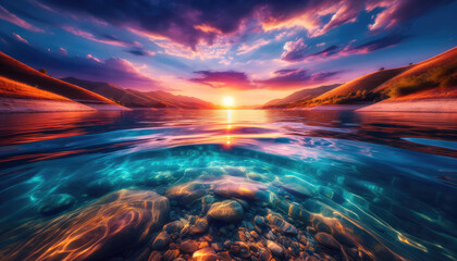 Sunset Over Lake with Underwater - sun's reflection on water.