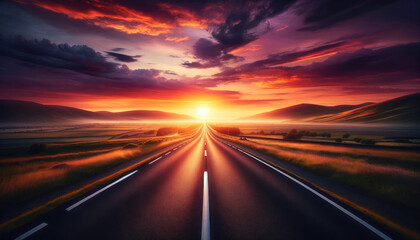 Highway to Horizon at Sunset - straight highway leading towards the horizon a dramatic sky.