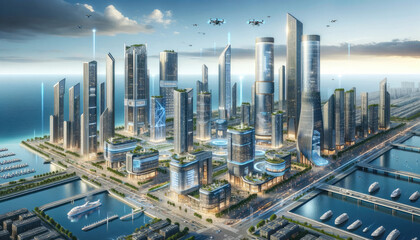Futuristic Skyline of a Smart City Metropolis - a futuristic metropolis with advanced smart city architecture, showcasing a harmonious blend of technology and urban development. - obrazy, fototapety, plakaty
