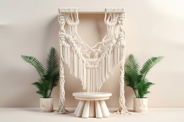 Empty bohemian 3D product mockup podium scene with tropical plants and macrame. Generative AI