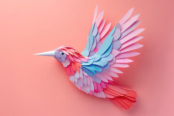 A vibrant paper craft hummingbird with multicolored feathers in flight, showcased against a soft pink background - 723993992