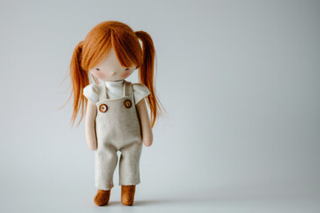 A charming handcrafted fabric doll with red hair and overalls stands against a plain white background - 723994124