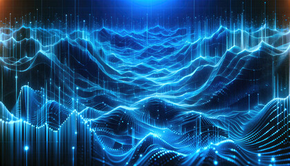 Futuristic Digital Technology Wave Background - Digital blue wave with glowing particles, representing data flow in a visualization of cyber technology and network communication.
