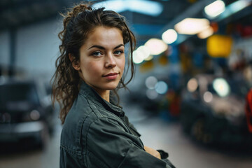 A confident young female mechanic stands with her arms crossed in a busy car workshop, surrounded by vehicles