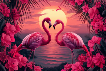 Romantic Flamingos Forming Heart Shape at Pink Sunset.