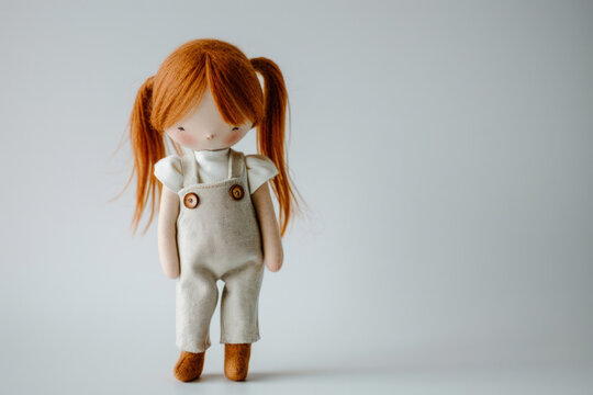 A charming handcrafted fabric doll with red hair and overalls stands against a plain white background