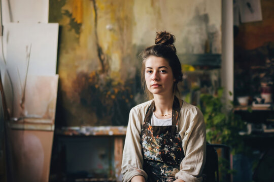 A female artist with a casual bun sits contemplatively in her art studio, surrounded by colorful abstract paintings and a creative mess of art materials