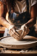 Fototapeta na wymiar Woman with apron working on a pottery wheel.
