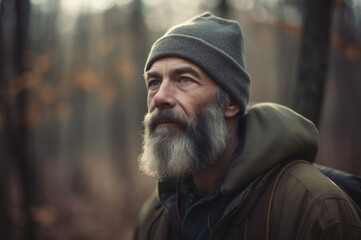 A reflective portrait of a mature man with a beard, wearing a beanie and a backpack, in a forest, conveying a sense of adventure and introspection