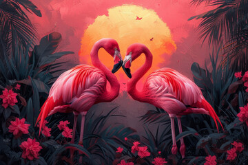 Romantic Flamingos Forming Heart Shape at tropical Sunset