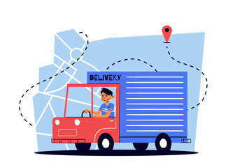 Delivery Man Driving Truck. vector flat hand raw illustration. 
