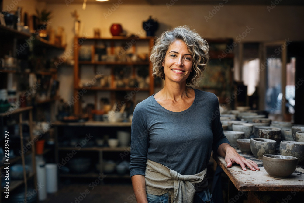 Wall mural a smiling female artisan potter stands in her creative studio surrounded by handcrafted pottery