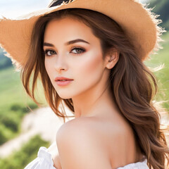 Attractive adult caucasian girl in sunhat looking in camera. Generative AI - 723994736