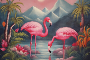 Romantic Flamingos birds at Sunset