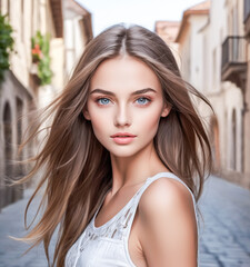 Attractive adult caucasian girl with long hair looking in camera against the backgroun of old european street. Generative AI - 723994778