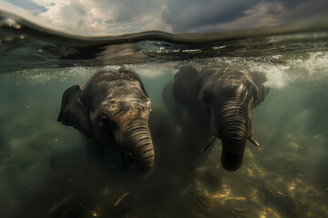 two elephants walking under shallow water