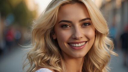 Closeup photo portrait of a beautiful young blonde turkish model woman smiling with white teeth in downtown Istanbul
