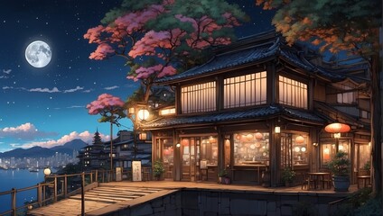 Fototapeta premium Beautiful japanese chinese temple at night with lanterns.Generative AI