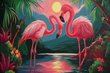 Romantic two Flamingos at Sunset