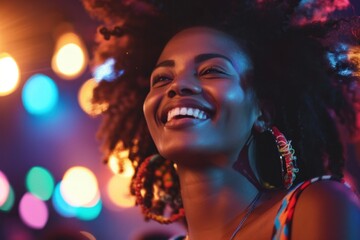 Young African American woman having fun at a music event Have fun at the outdoor venue at night.